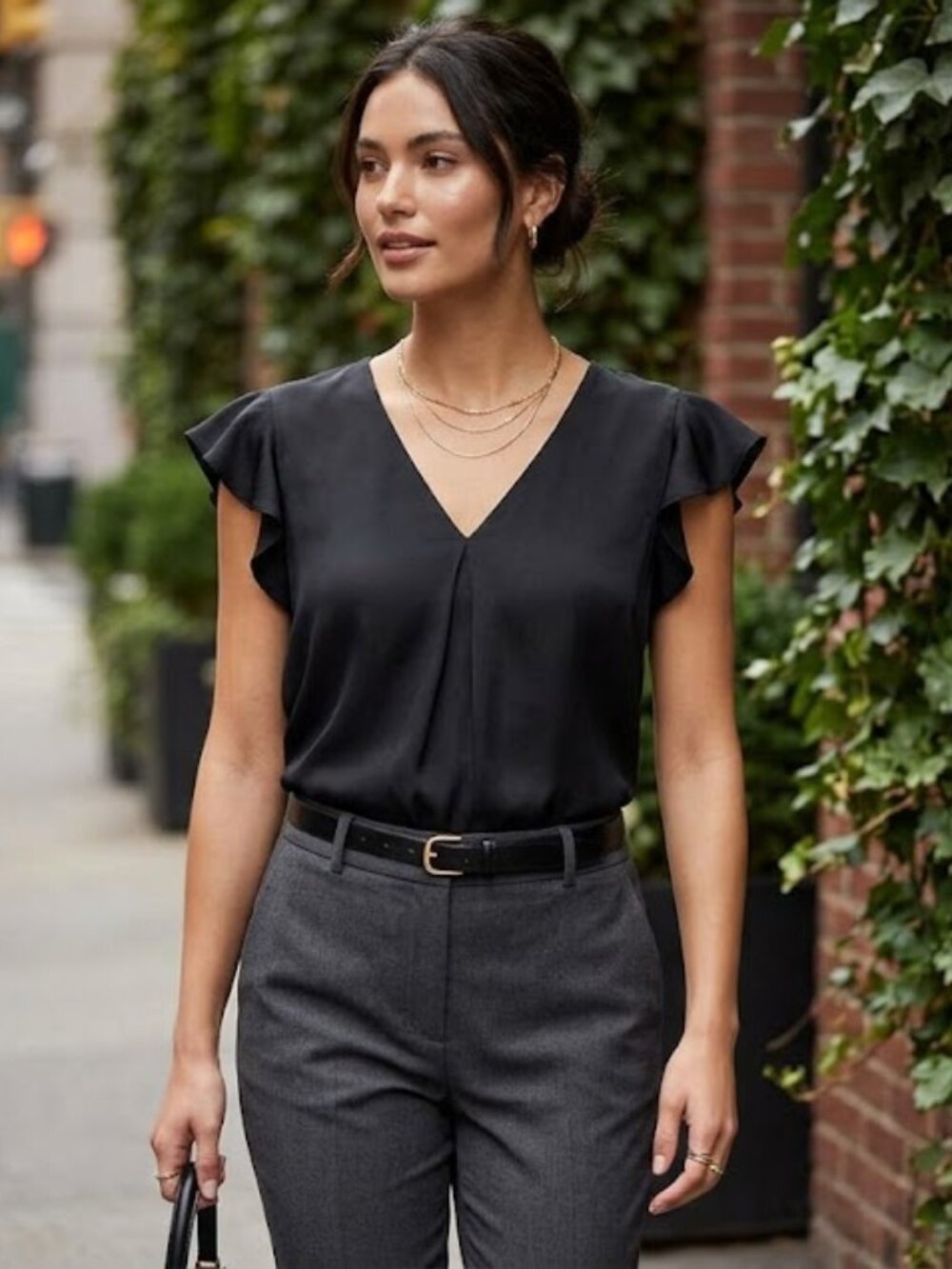 100% Silk Ruffle Cap Sleeve Blouse  Black Minimalist Coquette Size 8